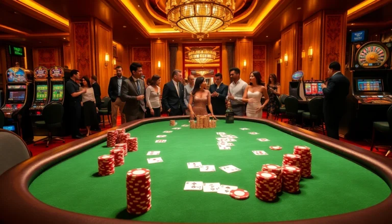 LC88-themed poker room scene featuring vibrant colors, chips, and warm lighting.