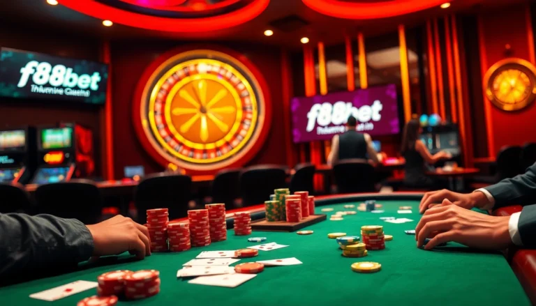 Experience the thrill of poker at f8bet.net.in with vibrant chips and exciting gameplay in a top-notch online casino setting.