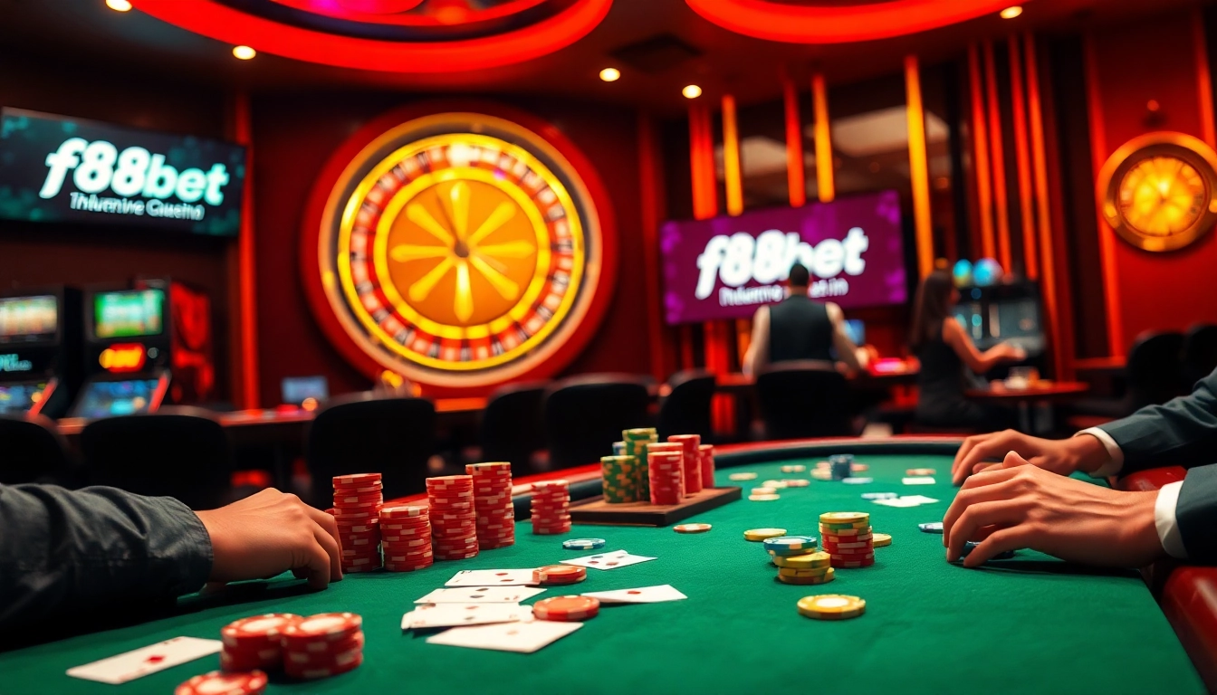 Experience the thrill of poker at f8bet.net.in with vibrant chips and exciting gameplay in a top-notch online casino setting.