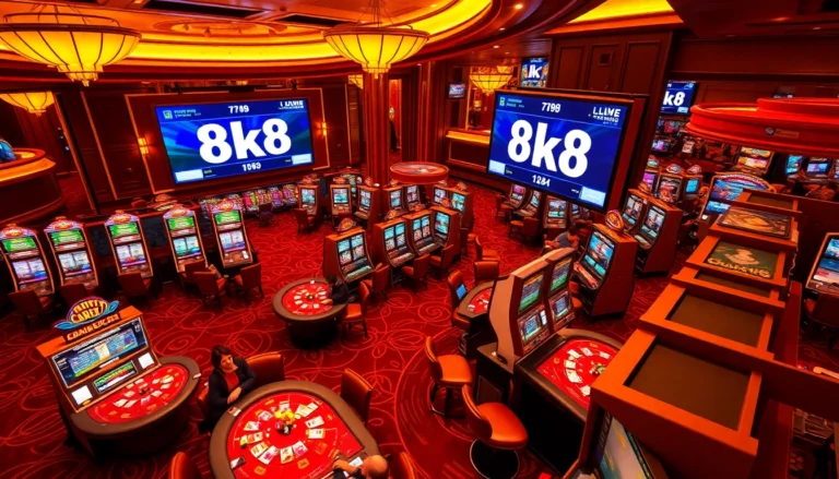 "Experience thrilling gaming with 8k8 at our luxurious casino featuring poker tables and vibrant slot machines."